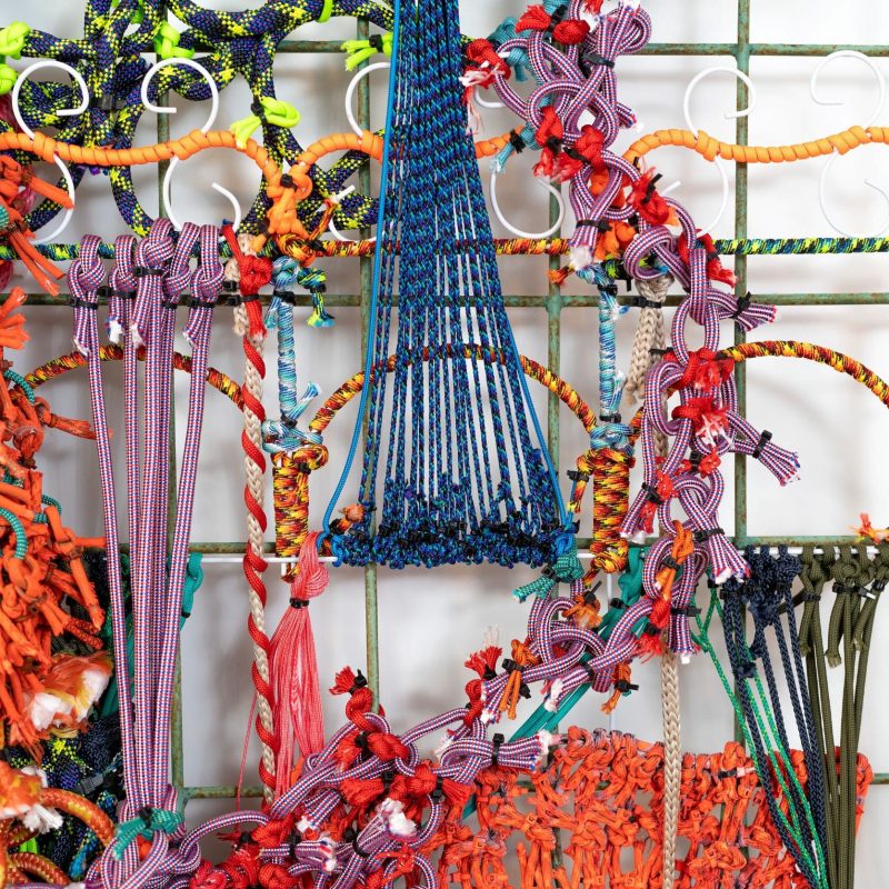 Architectural Hyperbole 02-detail, assorted rope, zip ties, and other mixed media on metal and plastic armature, 65" x 42" x 6”, 2021. Photo credit: John Dooley, copyright Liz Miller