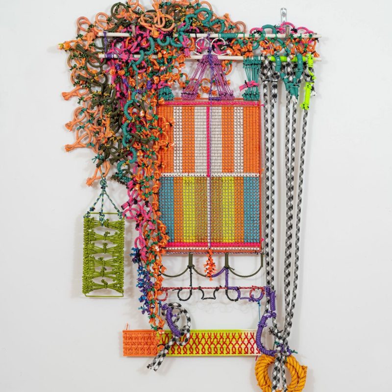 Architectural Hyperbole 04, assorted rope, zip ties, and other mixed media on metal and plastic armature, 68" x 44" x 6”, 2021. Photo credit: John Dooley, copyright Liz Miller